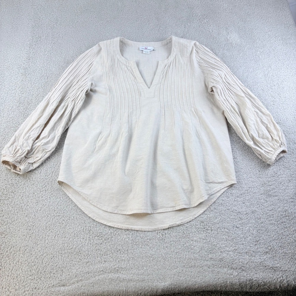Vineyard Vines Pintuck Pleated Blouse Women S Beige Linen Blend VNeck 3/4 Sleeve